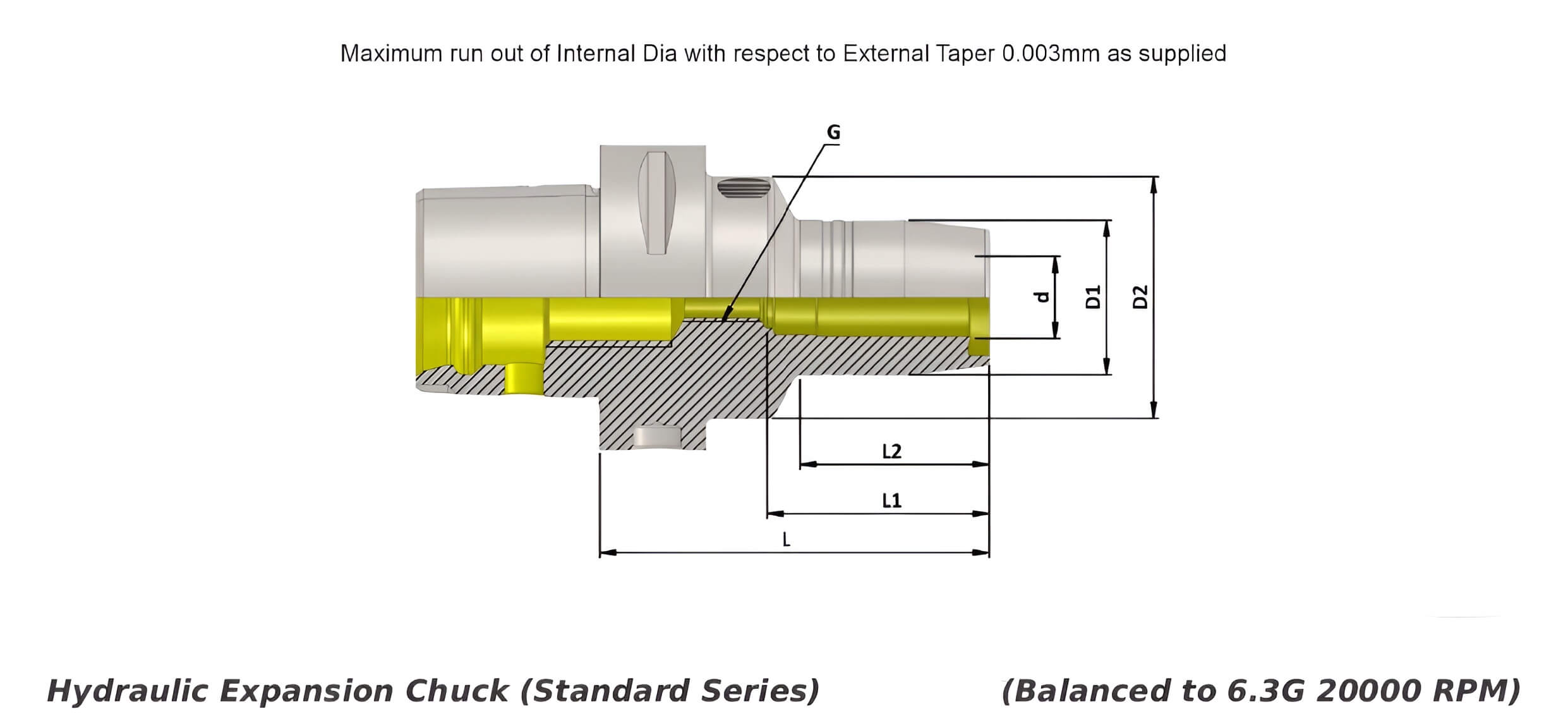 Polygonal Shank T6 HC06 065 Hydraulic Expansion Chuck (Standard Series) (Balanced to G2.5 25000 RPM) (ISO 26623-1) (Compatible with Capto® Style C6)